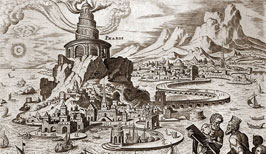 Středověké vyobrazení majáku v Alexandrii na ostrově Faros