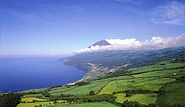 Pohled na Azorské ostrovy. V pozadí hora Ponta do Pico - Portugalsko